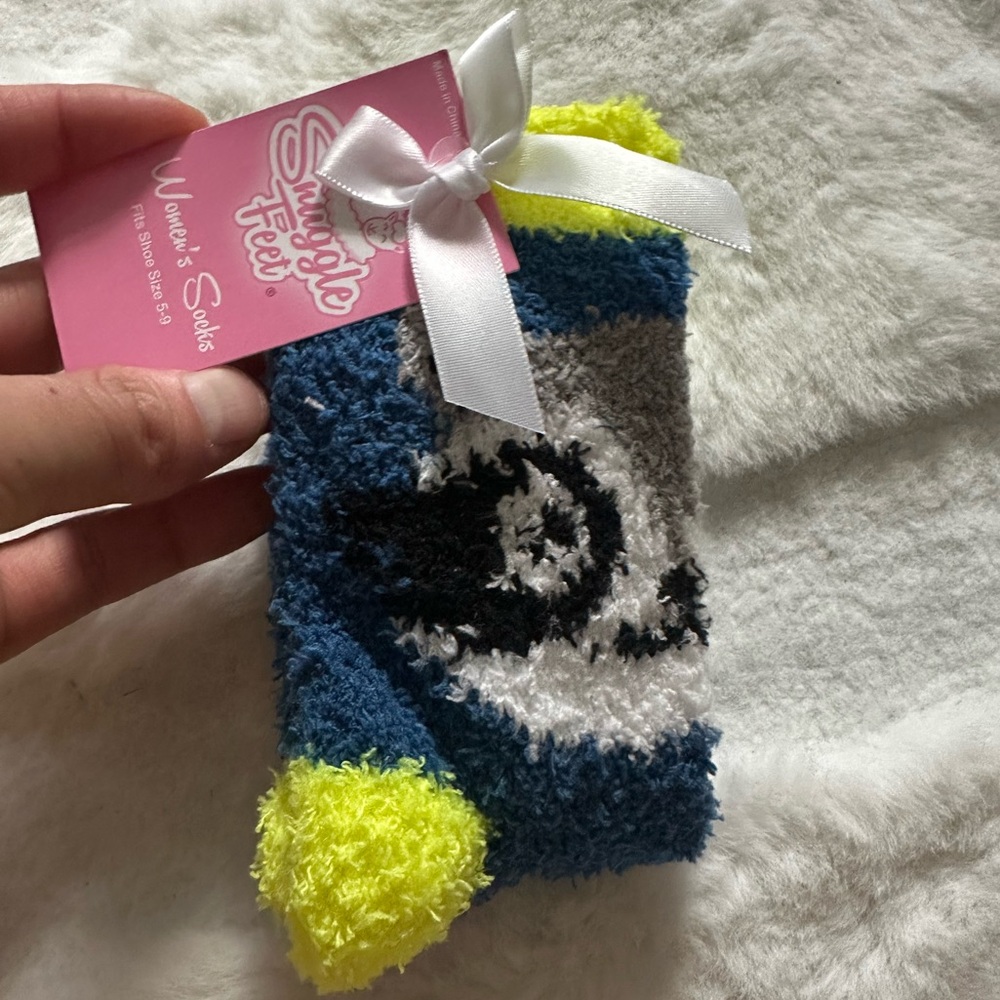 Snuggle Feet Racoon Blue and Yellow Fuzzy Socks